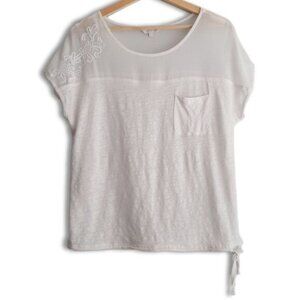 RW&CO Linen Top Semi-Sheer Floral Embroidered Yoke White Top Sz L